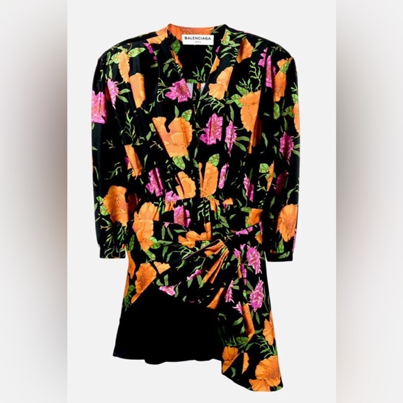 BALENCIAGA Floral Asymmetrical Hem Pleated Bunched Waist Mini Dress - Picture 3 of 9